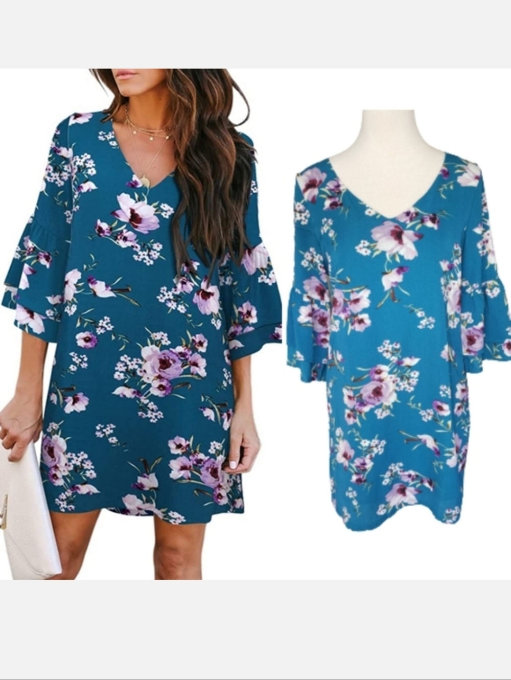 Teal green floral Bell Sleeve dress Women's size small